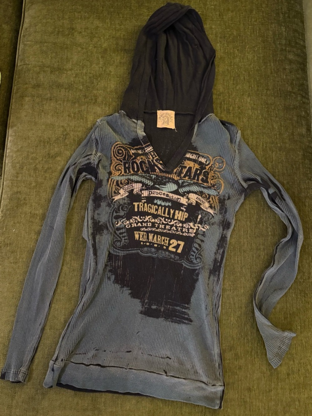 Skinny Minnie Blue Hooded Ribbed Graphic Long Sleeve Top